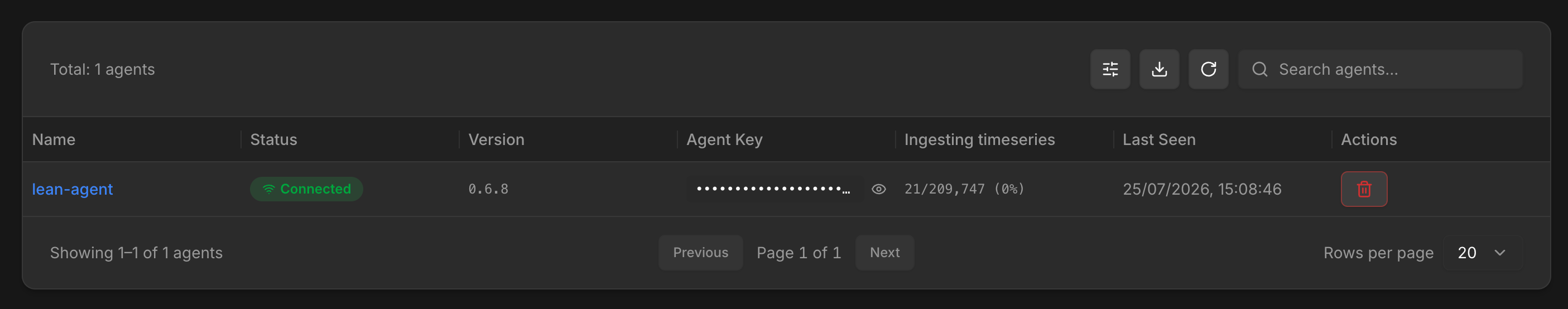 The Agents list in LeanSignal. The Agent Key column shows a masked key with an eye icon next to it for revealing and copying the value